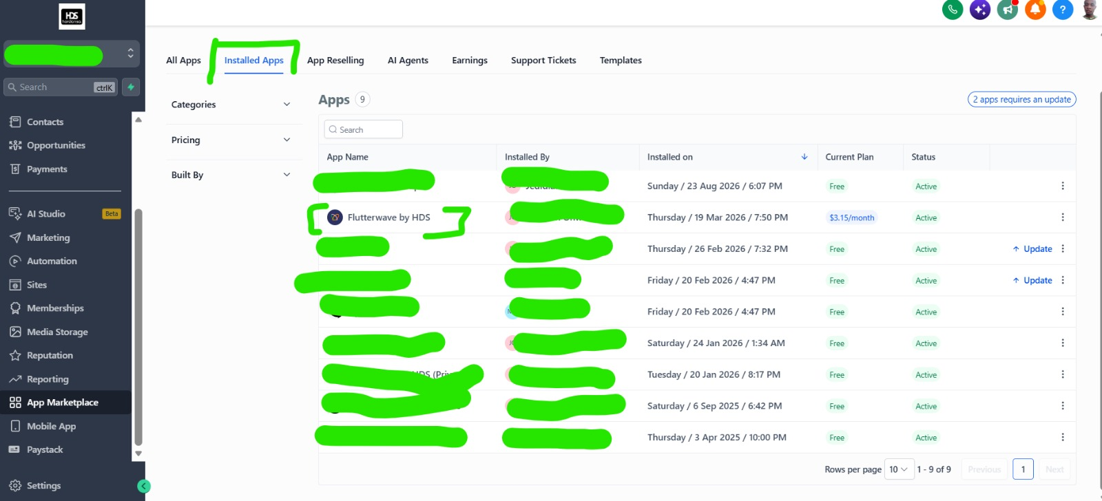 GoHighLevel Business sub-account showing where to add Flutterwave API keys